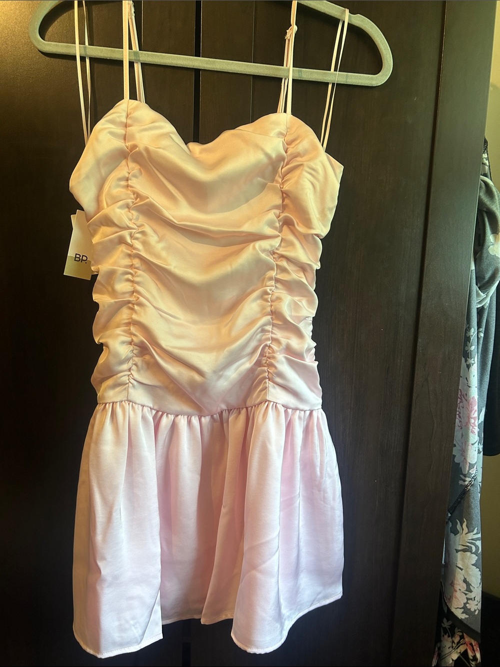 bp Light Pink Ruched Satin Spaghetti-Strap Dress